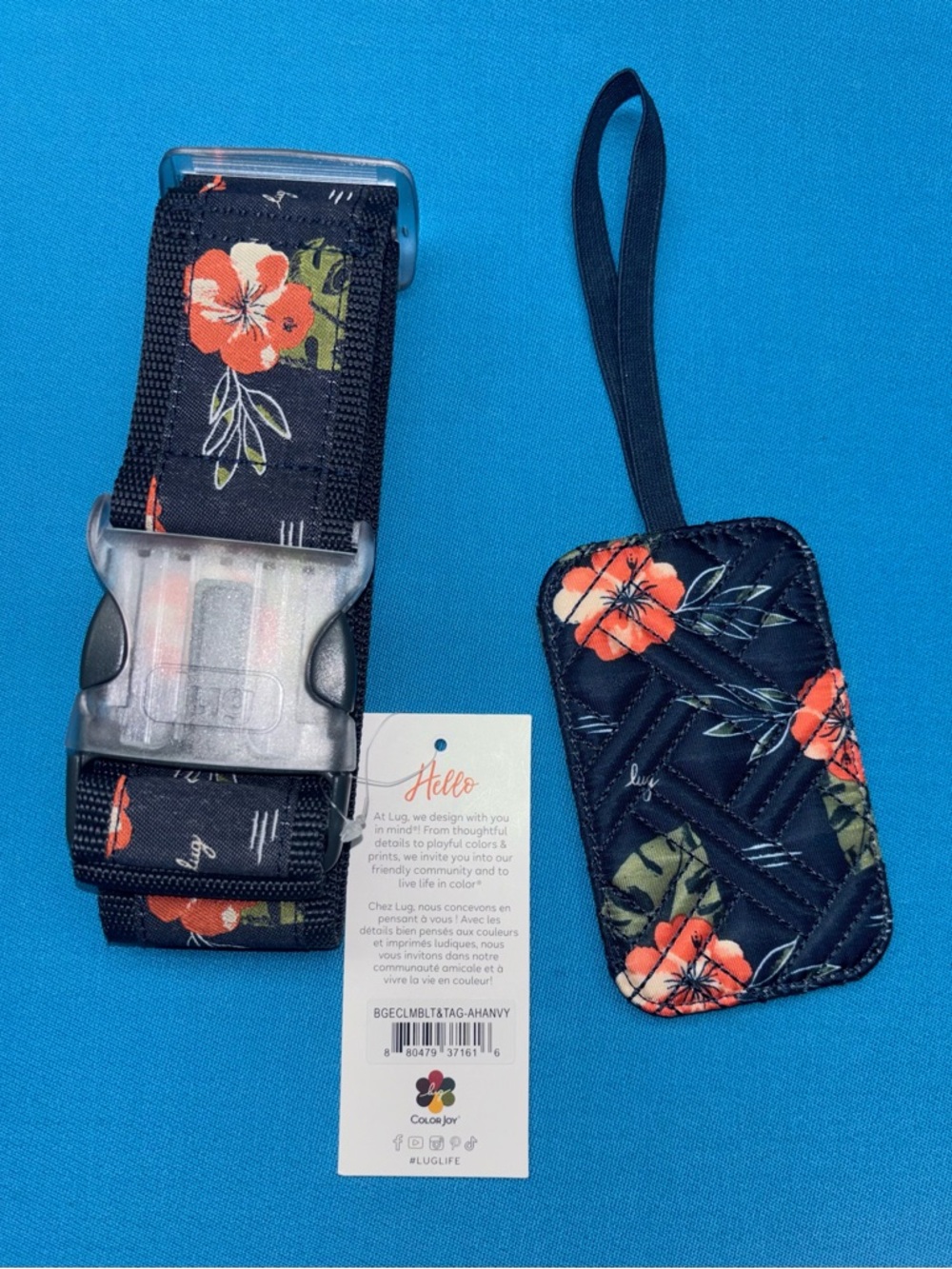 NWT Lug BAGGAGE CLAIM STRAP & TAG SET in ALOHA NAVY Orange Flowers Luggage Bags